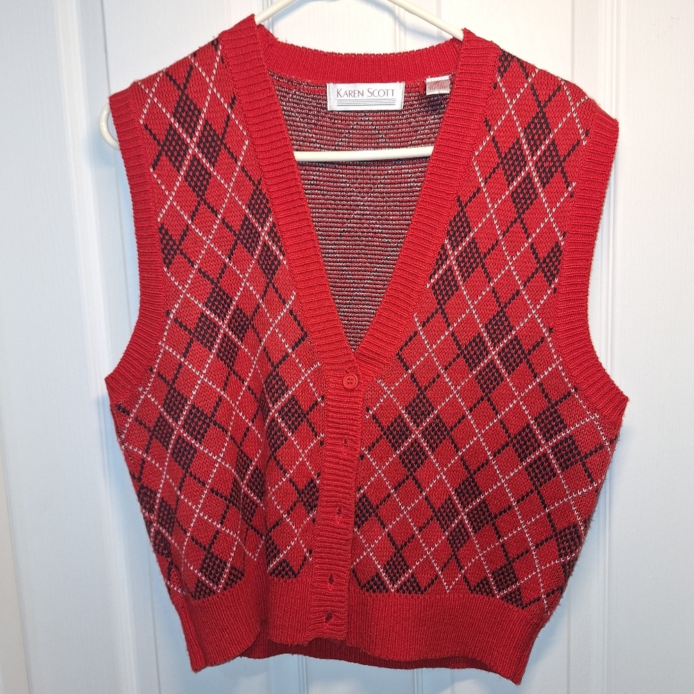 Karen Scott Red and Black Argyle Vest